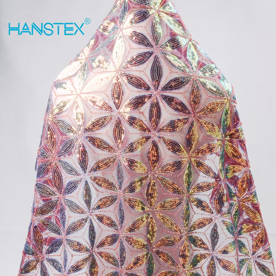 Hanstex Couture Designer Lace Fabric Embroidery Colorful Sequins Lace Beaded Pearl Bridal Lace for Evening Dress Cloth