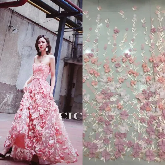 3D 꽃 아플리케 Organza 신부 직물 및 패션 의복을 위한 손으로 구슬로 만드는 자수 레이스 직물
